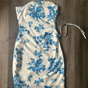 Floral Strapless Dress in Blue and White